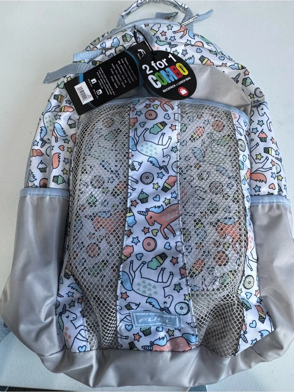 Kids Light Blue Patterned Backpack with Mesh Front Pocket